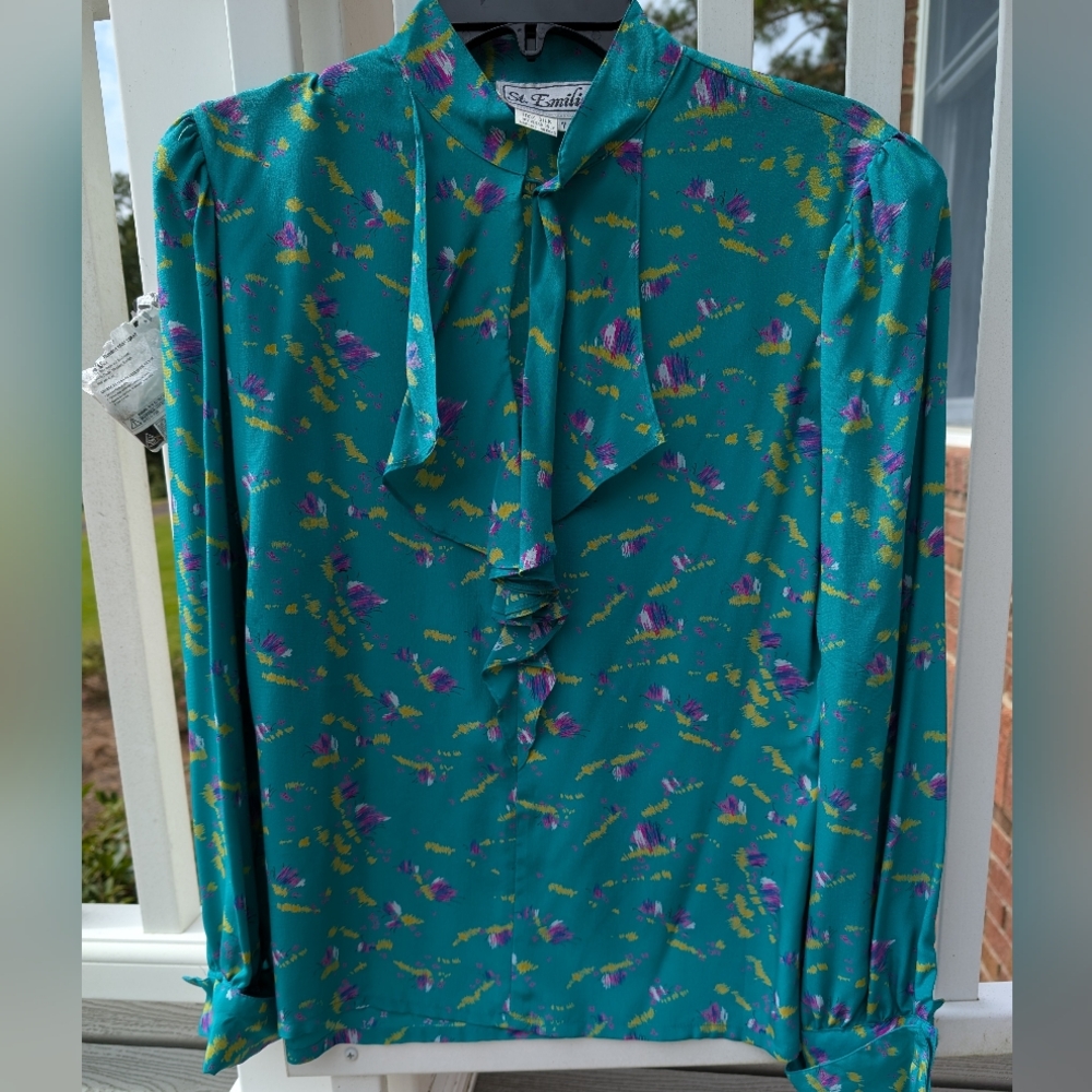 Women's Teal Silk Blouse with Floral Print